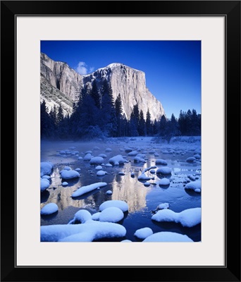 California, Yosemite National Park, Snowy Landscape Of El Capitan And Merced River