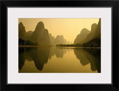 China, Guilin, Piled Silk Mountains, Li River With Reflections In Water