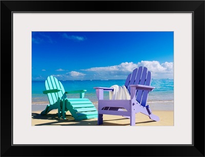 Colorful Beach Chairs On Beach, Calm Waves Washing Ashore