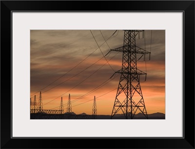 Electricity Towers And Wires At Sunset, Calgary, Alberta, Canada