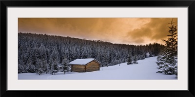 Farm Hut And Forest In Winter, Dolomite Mountains, Alta Badia, South Tyrol, Italy