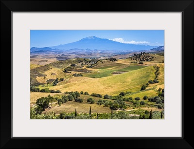 Farmland With Mount Etna In The Background Near San Michele Di Ganzaria, Sicily, Italy