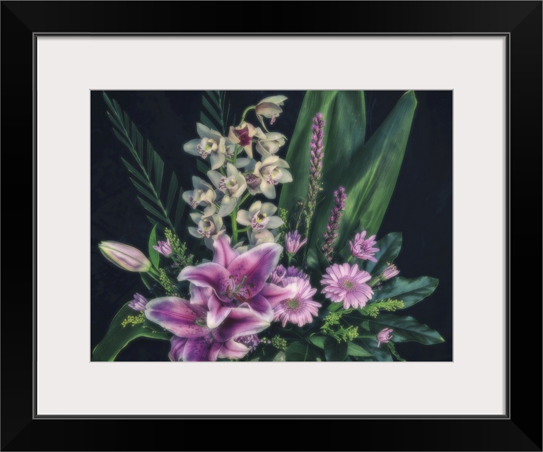 Flower Bouquet With Stargazer Lilies, Orchids And Daisies On A Black Background, Studio