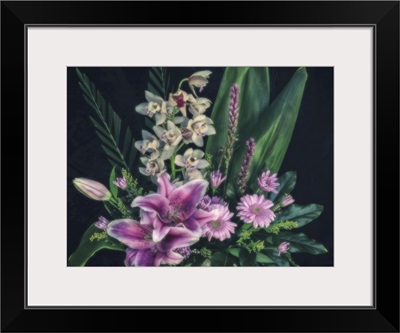 Flower Bouquet With Stargazer Lilies, Orchids And Daisies On A Black Background, Studio
