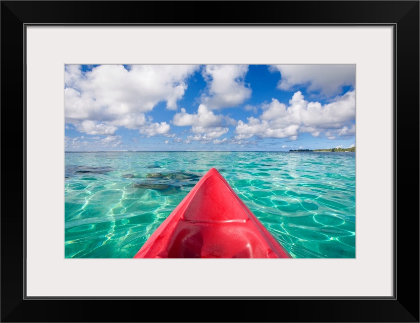 French Polynesia, Tahiti, Bora Bora, Red Outrigger Canoe In Calm Turquoise Water