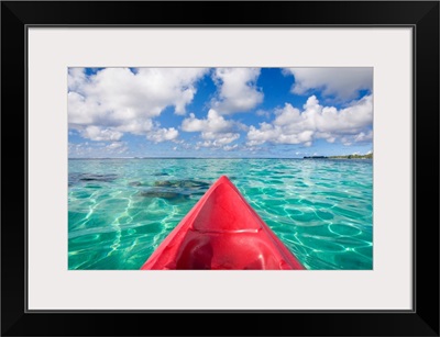 French Polynesia, Tahiti, Bora Bora, Red Outrigger Canoe In Calm Turquoise Water