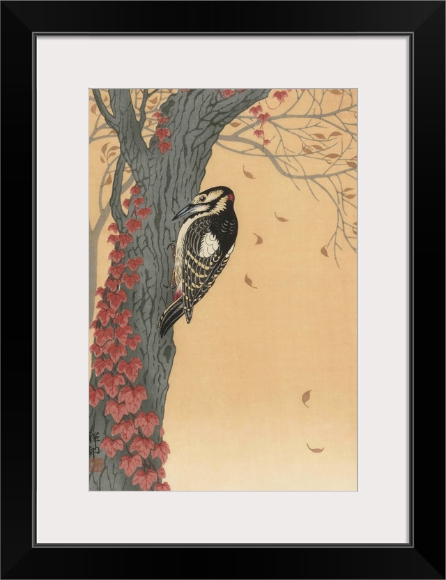 Great Spotted Woodpecker in Tree with Red Ivy by Japanese artist Ohara Koson, 1877 - 1945.  Ohara Koson was part of the sh...