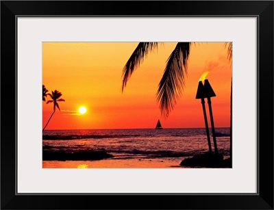 Hawaii, Big Island, Kohala, Waiulua Bay, Sunset With Palm Trees, Sailboat, And Torches