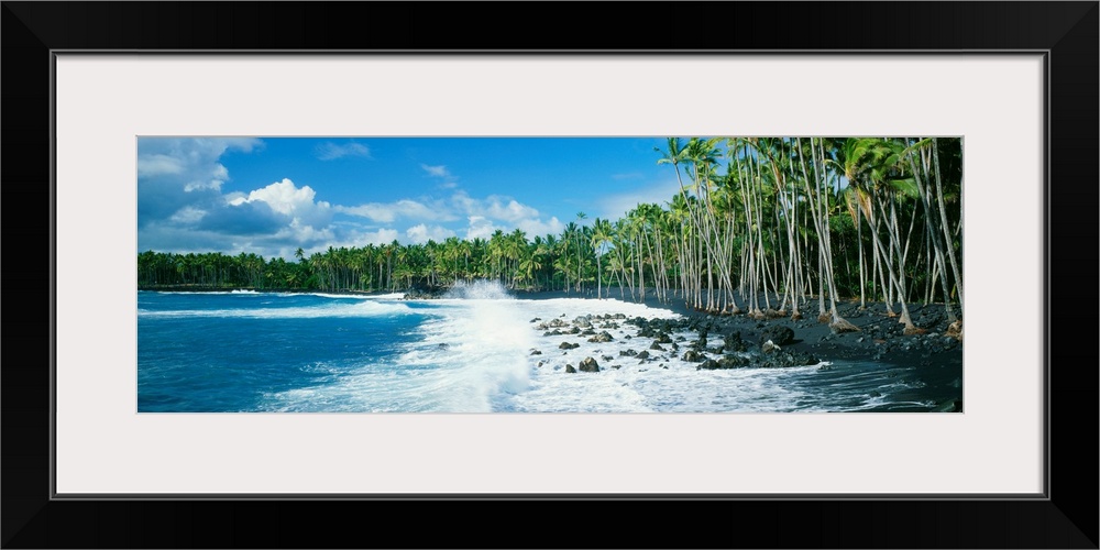 A large panoramic view of the coast of Hawaii with palm trees lining the dark sand and waves crashing onto the rocks.