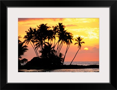 Hawaii, Big Island, Wailua Bay, View Of Palm Trees At Sunset, Calm Ocean Waters