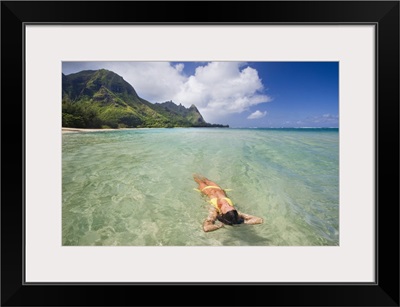 Hawaii, Kauai, Tunnels Beach, Woman Floating In The Ocean