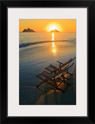 Hawaii, Lanikai, Pair Of Empty Beach Chairs At Sunset