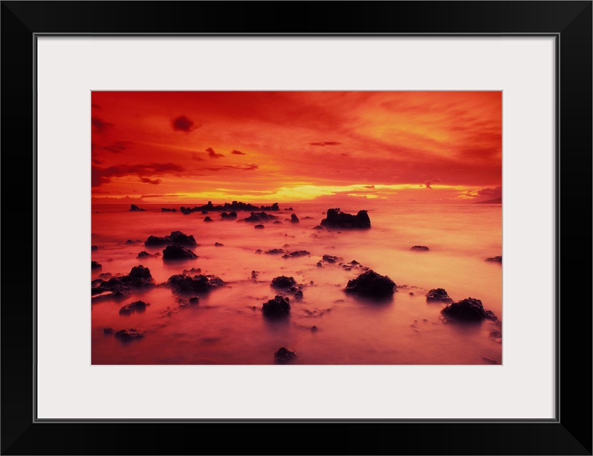 Hawaii, Maui, Lava Rock Beach At Sunset With Dramatic Red Yellow Sky And Shore