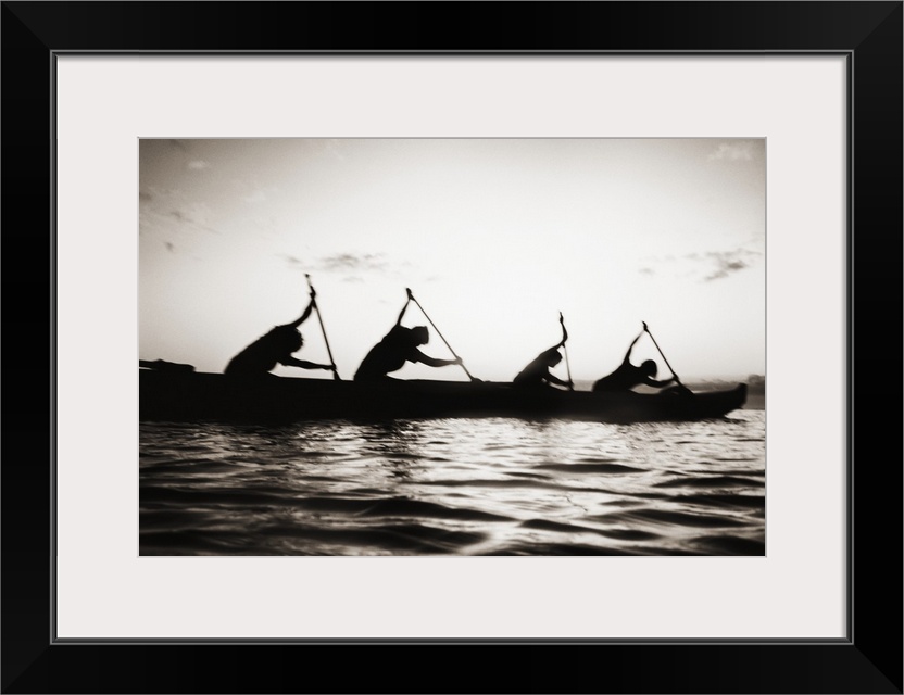 Hawaii, Molokai To Oahu Canoe Race, Paddlers Silhouetted At Sunset (Black And White Photograph).