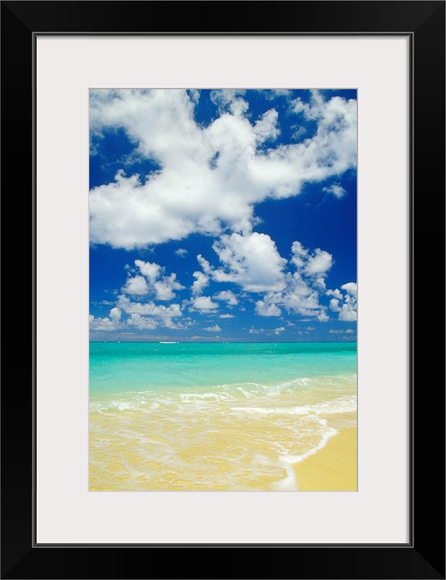 Hawaii, Oahu, Lanikai, Gentle Wave Washing Ashore On Beach, Turquoise Water And Blue Sky