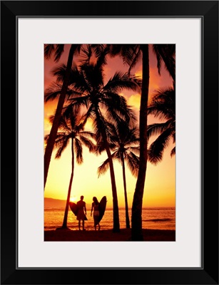 Hawaii, Oahu, North Shore, Couple Walk Under Palms With Surfboards At Sunset