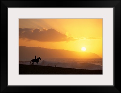 Hawaii, Oahu, North Shore, Girl On Horseback At Sunset On Beach
