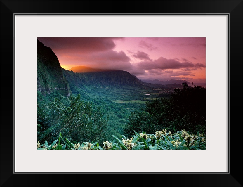 Photograph of tropical forest with high plateaus and cliffs in the distance under a cloudy dark sky at sunset.