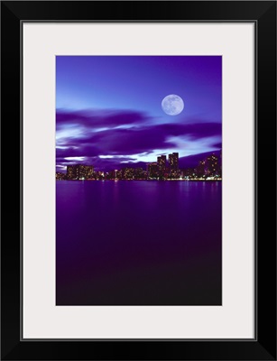 Hawaii, Oahu, Waikiki City Lights With Large Full Moon, Reflections On Water