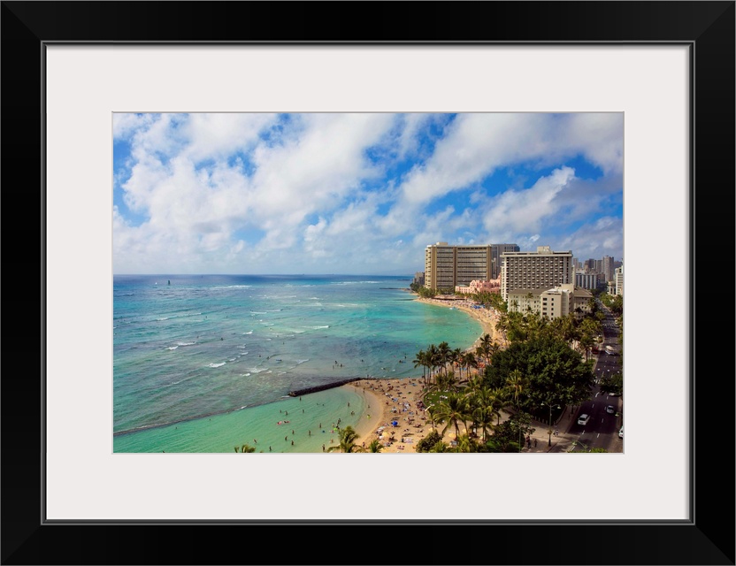 Hawaii, Oahu, Waikiki, View of the Pacific Ocean, Waikiki Beach, and famous hotels