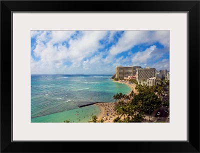 Hawaii, Oahu, Waikiki, View of the Pacific Ocean, Waikiki Beach, and famous hotels