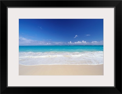 Hawaii, Pristine White Sand Beach With Clear Turquoise Water, Blue Sky On Horizon