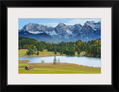 Hay Barn, Lake Geroldsee And Karwendel Mountain Range, Bavaria, Germany