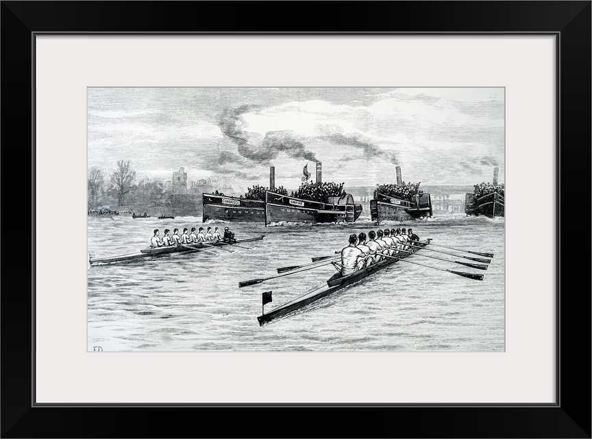 Illustration depicting a scene from Cambridge and Oxford University Boat Race. Dated 19th century.