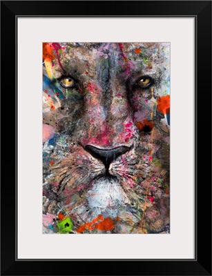 Illustration of a lion's face with colourful splashes