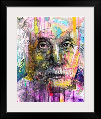 Illustration of a man's face with colourful abstract patterns surrounding it