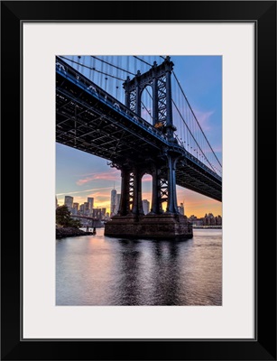 Manhattan Bridge and NYC skyline at sunset, Brooklyn Bridge Park,  New York City