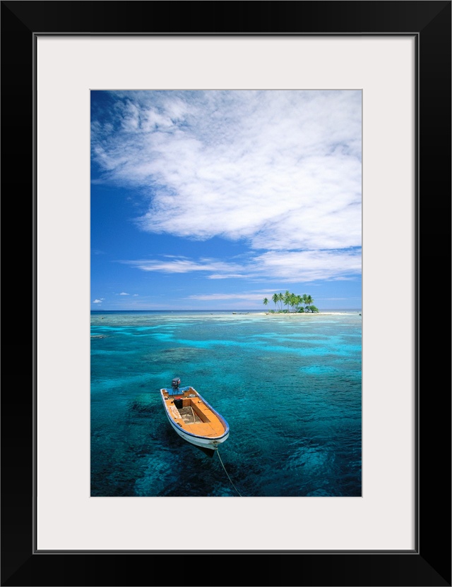 Micronesia, Small Boat In Turquoise Waters Off Small Island With Palm Trees