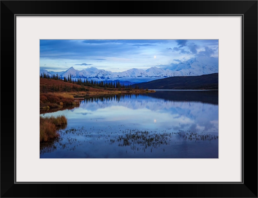 Moonrise over the Alaska Mountain Range with Denali on the right and Brooks on the left, and Wonder Lake in the foreground...