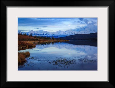 Moonrise Over The Alaska Mountain Range With Wonder Lake, Denali National Park