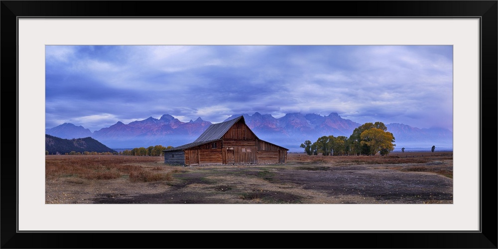 Moulton Barn with Teton Range at Sunrise in Autumn, Grand Teton National Park, Wyoming