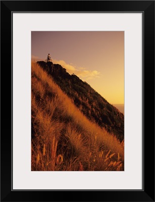 Oahu, Lanikai, Mountain Biker At Top Of A Hill At Sunset