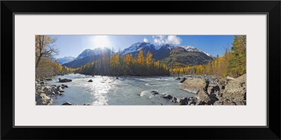 Panorama view of Rapids Camp along Eagle River in Chugach State Park