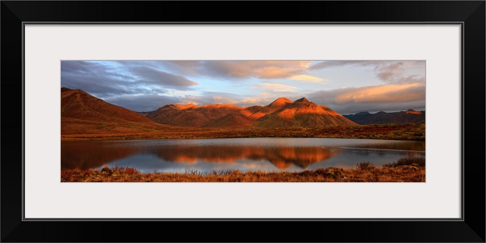 Panoramic Of Sunrise Over Mount Adney Reflected In A Pond In Fall, Yukon, Canada