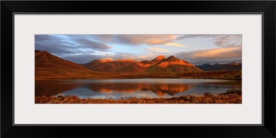 Panoramic Of Sunrise Over Mount Adney Reflected In A Pond In Fall, Yukon, Canada