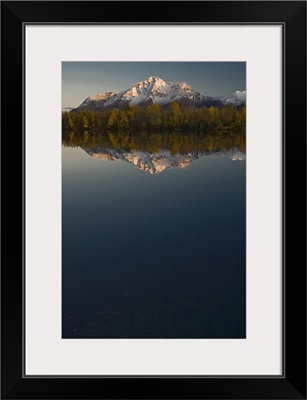 Scenic View Of Pioneer Peak Reflecting In Echo Lake At Sunset, Southcentral, Alaska