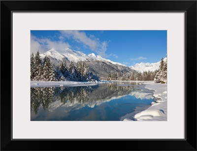 Scenic winter landscape of Mendenhall River, Mendenhall Glacier and Towers