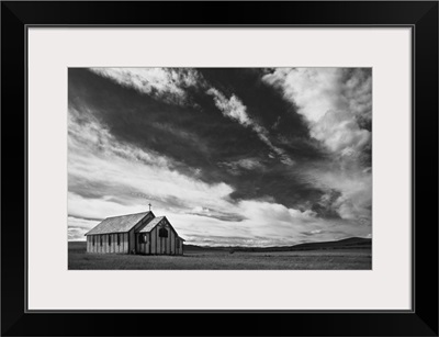 Small Country Church In Grass Field In Black And White