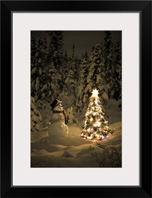 Snowman In Snowcovered Spruce Forest Next To Christmas Tree