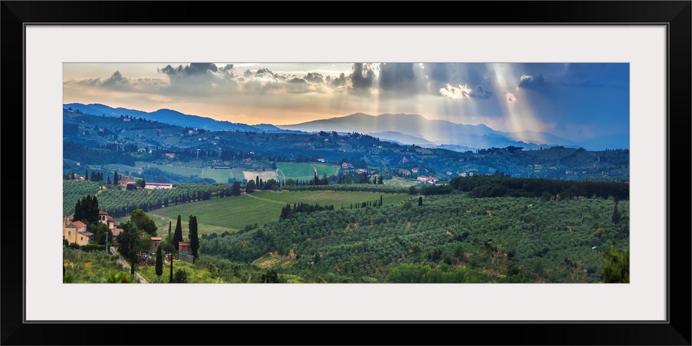 Sunbeams through the clouds over vineyards. Capanuccia, Florence, Italy.