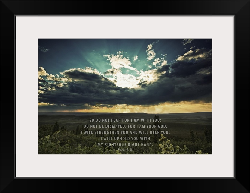 Image Of A Sunset Shining Through Dark Clouds Over A Green Landscape And Scripture From Isaiah 41:10