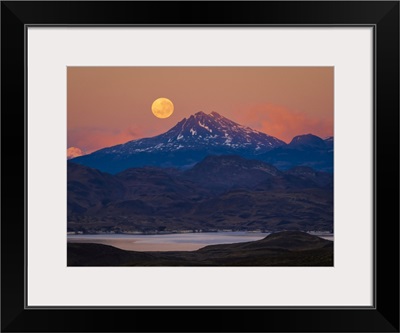 Supermoon At Sunrise In Torres Del Paine National Park, Patagonia, Chile