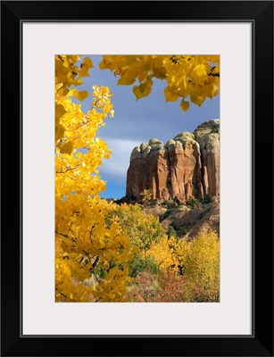 The yellow leaves of fall frame a rock formation.