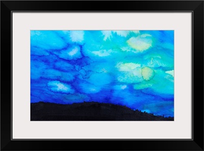 Watercolor painting of a dramatic sky with blue clouds and silhouette of a landscape