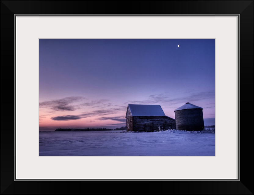 Winter Sunrise Over A Silo And Barn, Alberta