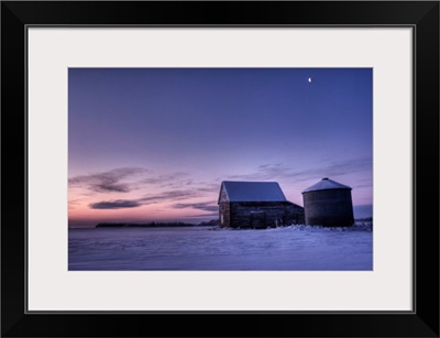 Winter Sunrise Over A Silo And Barn, Alberta